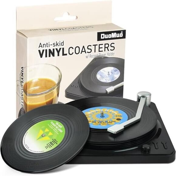 Funny Retro Record Coasters for Drinks with Vinyl Player Holder for Music - Picture 8 of 8